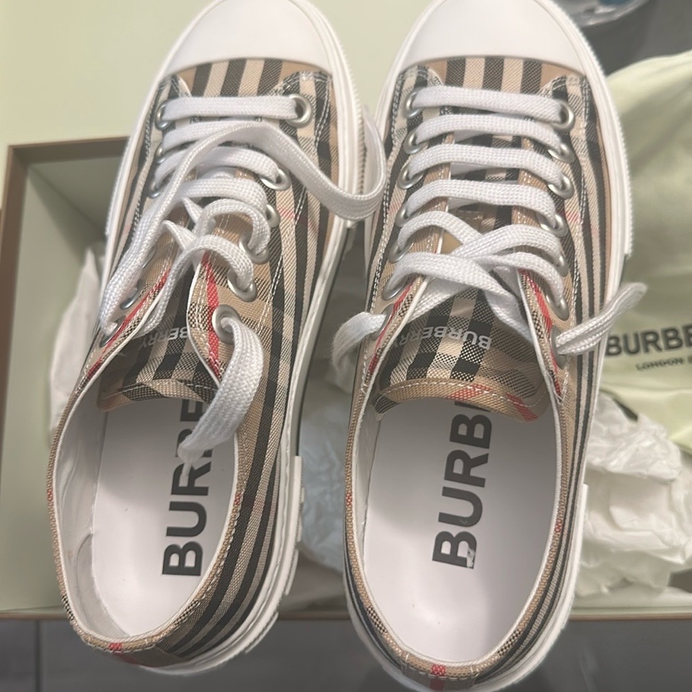 Burberry Tan and Black Striped Sneakers